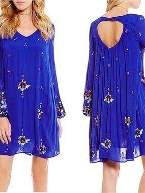 Whimsy Free People Royal Blue Embroidered Open-Back Long Sleeve Dress
